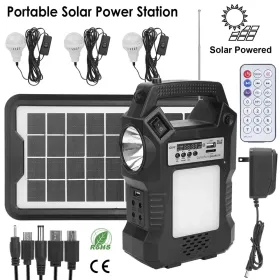 Portable Solar Power Station Rechargeable Backup Power Bank W/Flashlight 3 Lighting Bulbs For Camping Outage Garden Lamp (Option: Black)