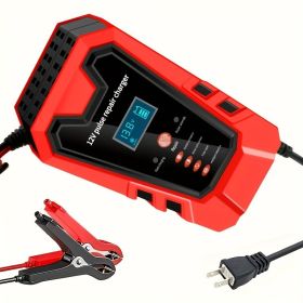 Smart 12V Car Battery Charger And Motorcycle Battery Maintainer, Easy To Operate, Full Power Self-stop, LCD Display, Battery Temperature Compensa (Option: Red)